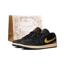 Jordan Air Jordan 1 Cushioning, Wear Resistant Low top Vintage Basketball Shoes Men's Black Gold 553558-081(Team719-) 42.5 beige