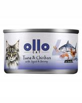 Katėms skirtas konservas OLLO Cat No. 4, tunas ir vištiena su kalmarais ir krevetėmis, 70 g