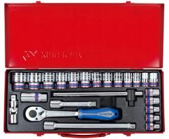 Galvučių rinkinys 1/2" 24 vnt. trumpas 12-kampis su terkšle King Tony 4028MR