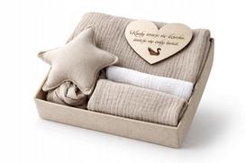 Dovanų dėžutė kūdikiui: muslino vystyklas, 2 vnt. sauskelnės, Hugging-beige