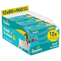 Vaikiškos drėgnos servetėlės Pampers Fresh Clean, 12 pakuotės po 80 vnt.