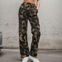 Women's Mid Rise Cargo Pants Straight Leg Trousers Camo Print Polyester Spandex Streetwear Zipper Pocket Wide Leg Pants S kamufliažas