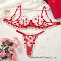 Red Heart Embroidered Mesh Lingerie Set - Sexy Push-up Bra with Anti-sag Support, Desire Style 203 XL raudona