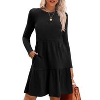 Womens Long Sleeve Dress Casual Knit Crewneck Knee Length Dresses With Pockets L juoda