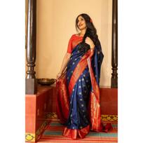 Royal Soft Lichi Silk Saree with Rich Pallu & All-Over Jacquard Work | Designer Party Wear Saree with Exclusive Jacquard Border Blouse mėlyna