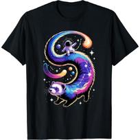 Astronaut Rides Ferret Space Stars Comets Galaxy Planets T-Shirt S įvairiaspalvis