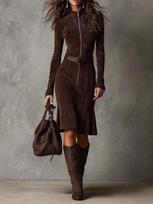 Women's Mock Neck Long Sleeve Midi Flare Dress Slim Fit High Waist Elegant Casual Solid Suede Fabric Front Zipper Fall Fashion Bodycon Dress XS tamsiai ruda spalva