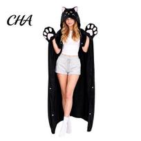 Home Relaxation Wear Halloween Wearable Blanket Hoodie, Cozy Hooded Highland Cow Cape, Soft Festive Winter Throw Plush Sloth Black Cat Cloak for Women One Size E black