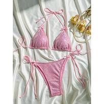 Shiny Bow Swimwear Sexy String Halter Micro Bikini Thong Swimsuit Woman Bathing Suit Triangle Bikinis Sets De Mujer S rožinė