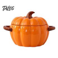 Heat Locking Food Pot Dutch Oven with Lid, Pumpkin Pottery Dessert Saucepan, Double-Ear Mini Unique Thanksgiving Dinnerware Baking Dish, Cute Pumpkins S orange