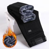 Žieminiai Fleece Stori Šilti Džinsai Vyriški Slim Straight Elastingi Džinsiniai Kelnės Laisvalaikio Vyriški Drabužiai Madingos Pūkinės Kelnės 40 juoda