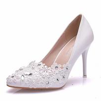 Women Pumps Party Prom Pointed Toe Rhinestone Slip-On PU 9CM Thin Heels Lady Wedding Korean Style Fashion Women Shoes white 34