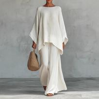 Spring Linen Loose Long-sleeved Wide-leg Trousers 2-piece Set Women Casual Retro Elegant Female Simple Suit XS balta