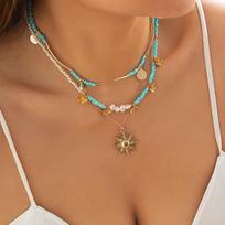 3 Pcs/Set Vintage Contrast Color Gorgeous Bohemia Style Beads Flower Pendant Women Necklace Neck Chain brown
