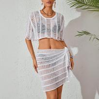 Atnaujinta Moteriška Vieno Atspalvio Megzta Paplūdimio Suknelė-Bikinis S balta