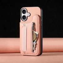 Zipper Cards Solt Wallet Leather Case for iPhone 16 15 13 Pro Max 14 Plus 16Pro 15Pro Elastic Rope Wrist Leather Cover For iPhone 13 beige