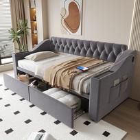 Apmuštas sofa-lova 90*190 cm, Platesni ir storesni porankiai su USB įkrovimo prievadu, Integruota saugykla porankiuose, Aksominis audinys, Tamsiai pilka 214.5 x 96 x 78.5 cm pilka