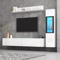 TV sieninis baldų komplektas 3 dalys LED apšvietimas Blizgus baltas Svetainės baldai, Priekinė dalis 1 x TV spintelė, 1 x Svetainės vitrina, 1 x Sieninė lentyna balta