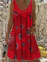 Elegant 2023 Sleeveless Lace Ruched Patchwork Flare Dress for Women 7XL raudona
