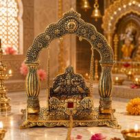 Metalinis Laddu Gopal Krišnos sūpynės Jhula Janmashtami Pooja 20 cm x 20 cm x 11 cm black