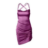 Sling Dress Spaghetti Straps Backless Women Solid Color Ruched Bodycon Mini Satin Dress for Summer M rožinė raudona spalva