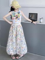 Girls' Summer Floral Vest & Wide-Leg Pants Two-Piece Set for Kids 140cm gray