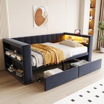 Apmušta lova 90×190 cm, su LED apšvietimu, rozete ir dideliu sandėliavimo plotu, su erdviais stalčiais, daugiafunkcionalė sofa-lova, viengulė lova, tamsiai pilka 214 x 97 x 69 cm tamsiai pilka spalva