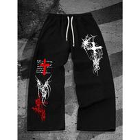 Dark Gothic Devil Cross Spider Web Printed Men's Wide Leg Sports Pants Outdoor Fashion Casual Pants S juoda