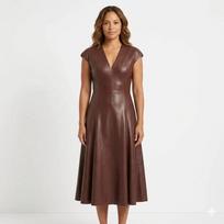 Women's Brown Elegant Party Cocktail Dress Slim Fit Real Lambskin Leather Stylish 3XL ruda