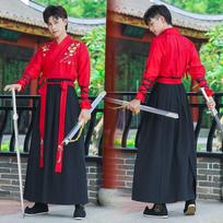 Didelio dydžio 4XL Hanfu vyrų kostiumas, kinų tradicinis senovės Hanfu juodi ir raudoni marškinėliai + sijonas + striukė, komplektai S red