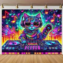 2D Psychedelic DJ Cat Backdrop, Neon Music Kitty Photo Background for Studio 47.2x31.5inch/120*80cm blue