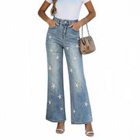 Women's Star Embroidery Flare Jeans, Casual Length Denim Pants L šviesiai mėlyna spalva