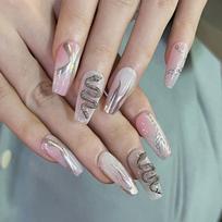 Pink Marble Silver Flame 3D Snake Rhinestone Press-On Nails JP2622【Glue Version】 gray
