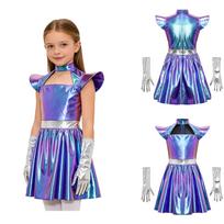 Mergaičių Ateivio Cosplay Kostiumas Kosminis Suknelė Metalinis Užtrauktukas Nugaroje Klostuota Roboto Astronautės Roboto Sijonukas su 1 Pora Pirštinių 5-6 Years žalia