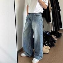 American Vintage Washed Loose Straight Denim Jeans Casual High Street Long Pants For Men M mėlyna