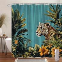 1Pc Majestic Leopard & Tropical Foliage Shower Curtain With Hibiscus Flowers - Realistic Wilderness Design, Durable Polyester W60H190(CM)-1 Pcs black