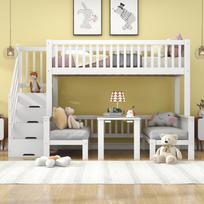 [31185456WAA] Bunk Bed, Children's Bed, Height-Adjustable Table, Storage Staircase, Safety Railing, Pine + MDF + Plywood, White, 90x200cm & 120x200cm 253 x 125.5 x 170 cm balta