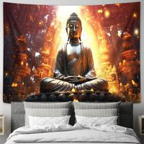 Golden Buddha Meditation Temple Light Flame Wall Tapestry Machine Washable All Season Decor Art Print Spiritual Zen Design Home 74x94cm(29x37in) brown