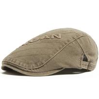 Retro Newsboy Cap Washed Letter Embroidery Men Flat Visor Hat Casual Fashion Women Beret Vintage Autumn Summer Unisex Adjustable chaki