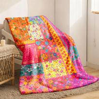 2026 New Model 1pc Bohemian Patchwork Throw Blanket, Soft Flannel for All Seasons, Geometric Floral Pattern, Bright Colors, Modern Style, Suitable for 75X95CM red