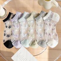 Simplejewel 6 Ppairs Breathable Sheer Mesh Ankle Socks Women'S Transparent Glass Silk Floral Embossed Socks For Summer 35-39 white