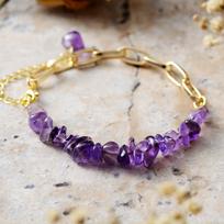 Bohemian style natural stone amethyst, tourmaline, and citrine beaded bracelet with gold-plated chain, handcrafted jewelry. Tourmaline gray