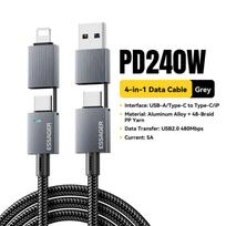 Essager 240W 4-in-1 USB C Cable - PD Fast Charging Data Cord, USB-A/C to C/Lightning for MacBook, iPhone 17 16 15 Pro Max, iPad, Xiaomi & Samsung 0.25m pilka