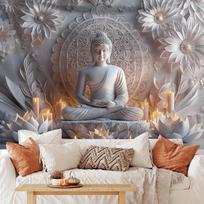 1pc Buddha for Lotus Flower Tapestry Wall Hanging - 85gsm Polyester Peach Light Beige Velvet, Serene 3D Spiritual Art with Intri 100X70CM gray