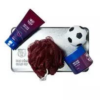 FC Barcelona Set : , Body Sponge + , Hair Styling Wax, 100 g + , Bath Bomb + , Shower Gel, 100 ml + , Metal Cup Holder