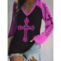 V-neck shirt women's fashion print comfortable casual autumn long-sleeved street loose commuting top S