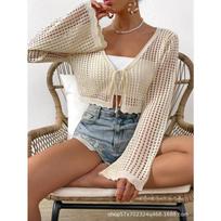 Women Hollow Out Lace Up V Neck Flare Sleeve Short Knit Cardigan Beach Vacation Outerwear S abrikosas