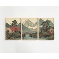 3Pcs Vintage Japanese Mountain Wall Art,Ukiyo-e Pine Cherry Blossom Red Bridge Temple Canvas Prints,Japandi Wabi Sabi Home Decor 21X30CMNo Framed beige