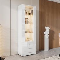 Baltas blizgus vitrininis spintelė, stiklinė vitrina, pastatoma vitrina su LED apšvietimu, vertikali su 3 stalčiais, 60*35*180cm 60 x 35 x 180 cm balta