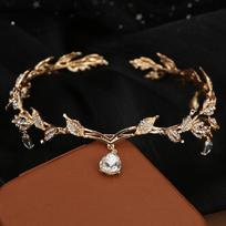 New Vintage Crown Leaves Waterdrop Pendent Tiara Wedding Hairband Rhinestone Party Princess Elf Hairdress Jewelry brown